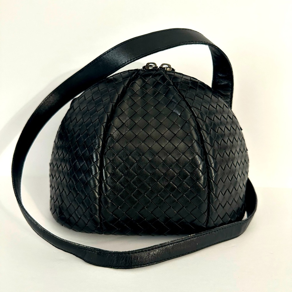 BOTTEGA VENETA Black Woven Leather Dome Shaped Shoulder Bag Small Vintage